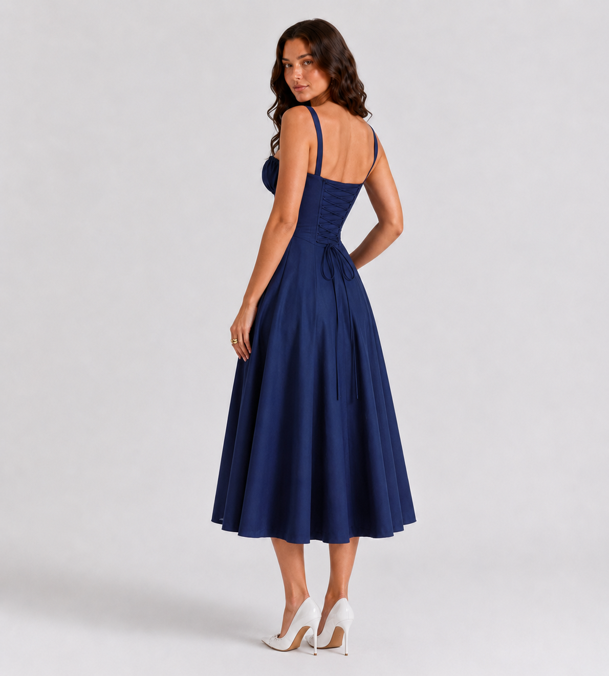 Ruched Corset Slit Midi Dress - Navy