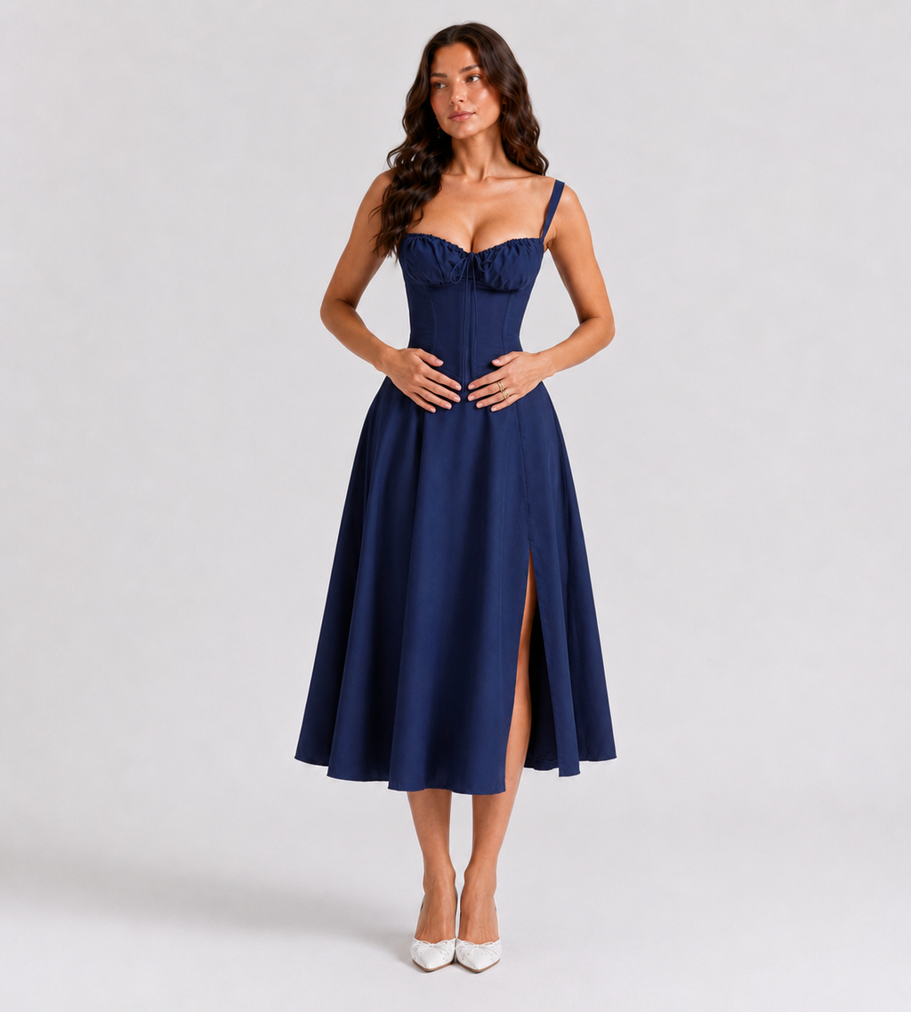 Ruched Corset Slit Midi Dress - Navy