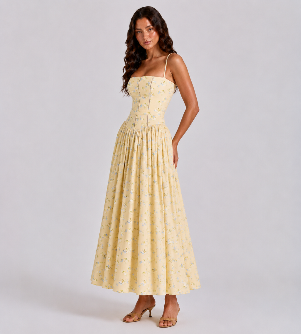 Summer Lemon Floral Midi Dress