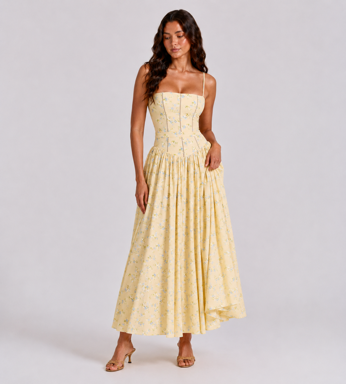Summer Lemon Floral Midi Dress