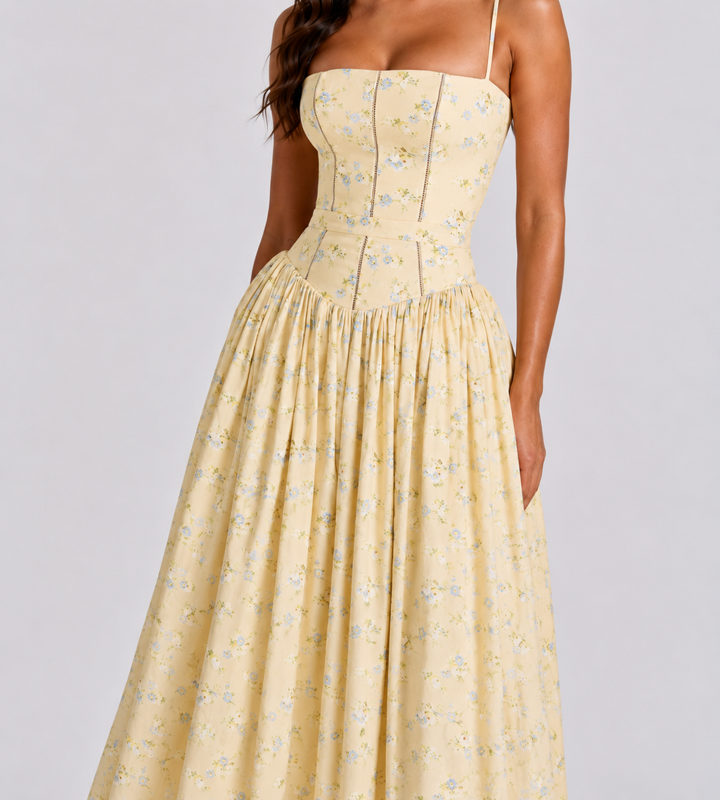 Summer Lemon Floral Midi Dress