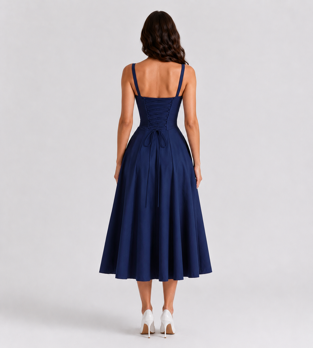 Ruched Corset Slit Midi Dress - Navy