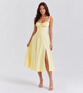 Ruched Corset Slit Midi Dress - Yellow
