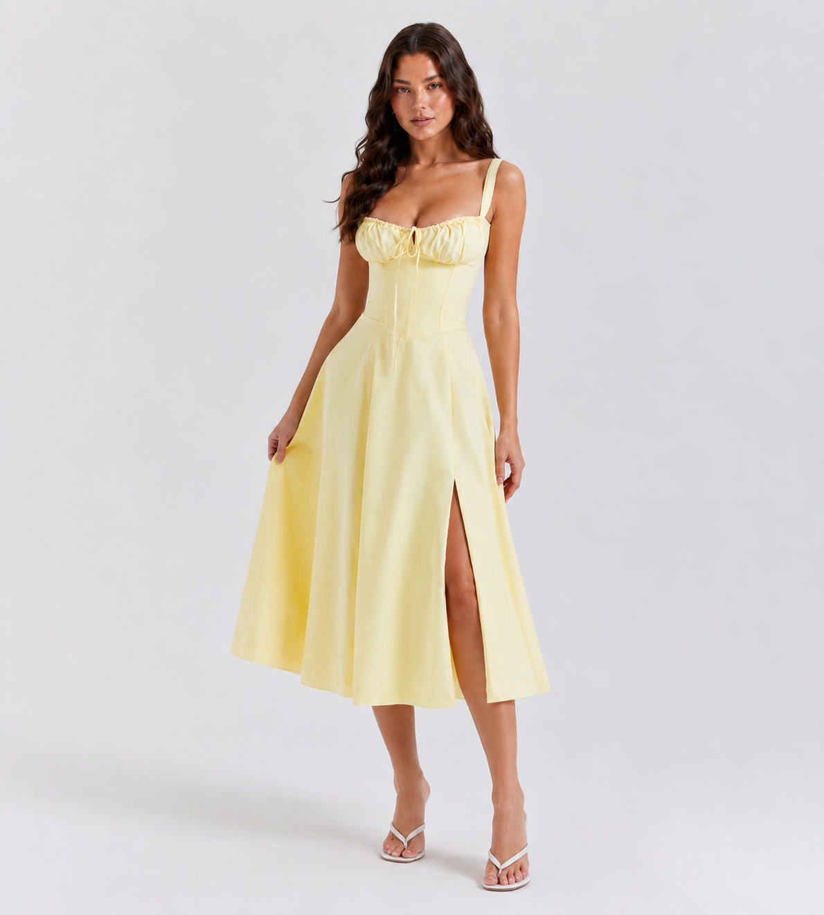 Ruched Corset Slit Midi Dress - Yellow
