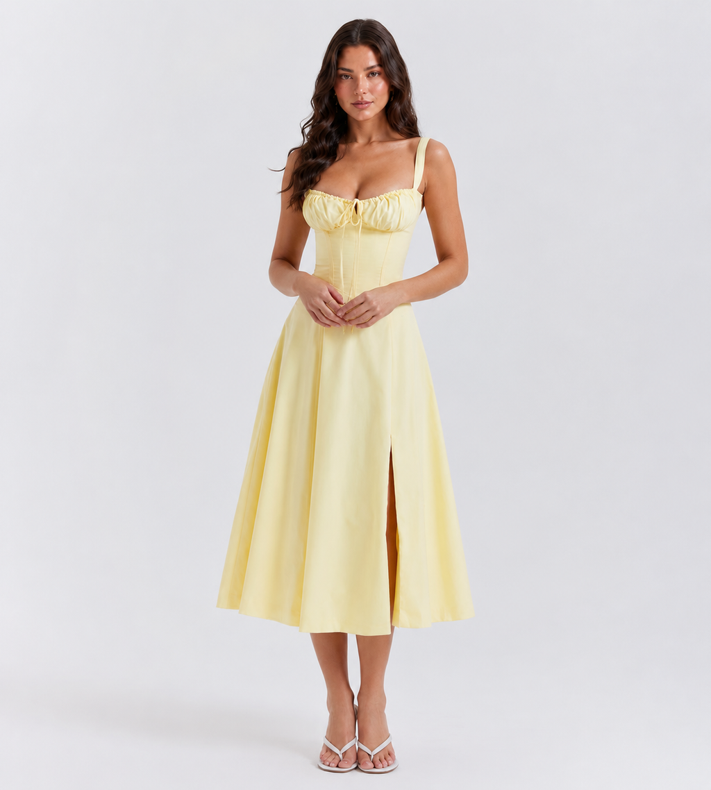 Ruched Corset Slit Midi Dress - Yellow