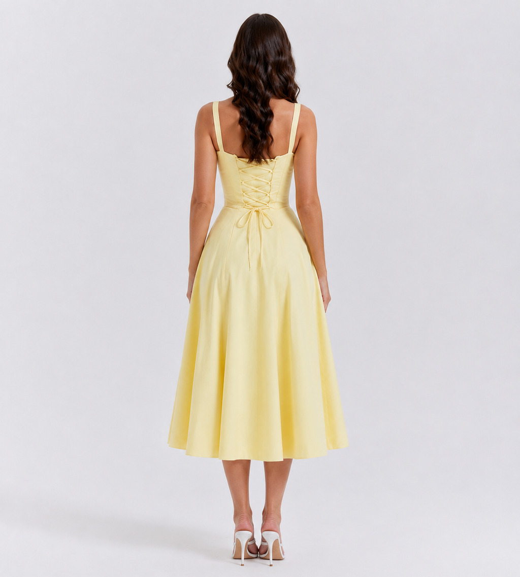 Ruched Corset Slit Midi Dress - Yellow