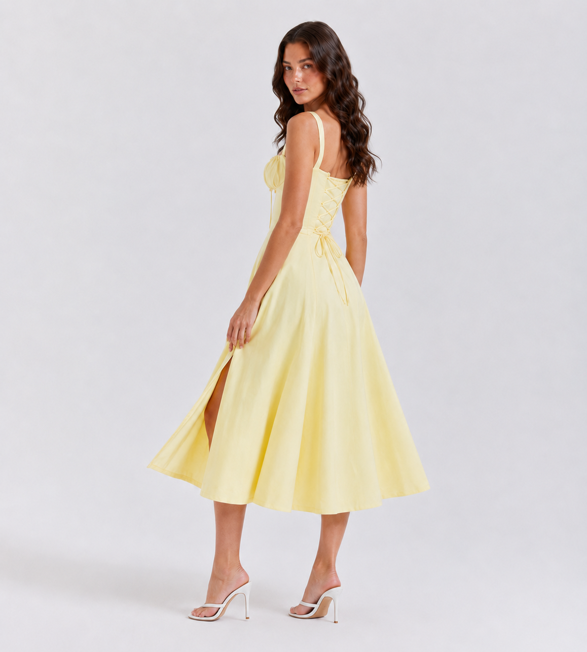 Ruched Corset Slit Midi Dress - Yellow