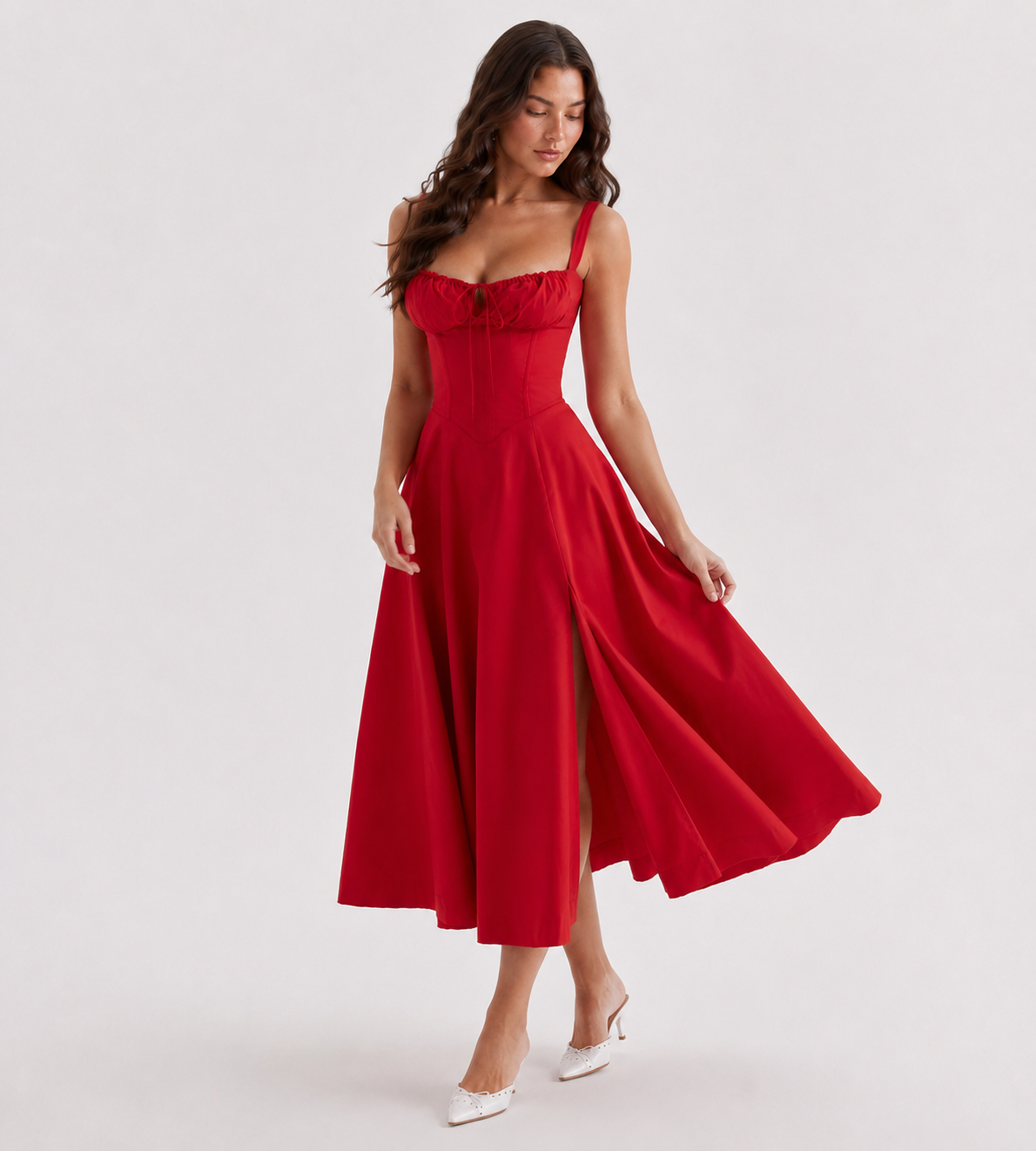 Ruched Corset Slit Midi Dress - Red