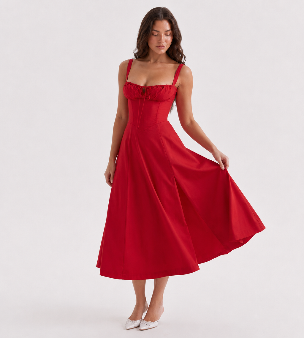 Ruched Corset Slit Midi Dress - Red
