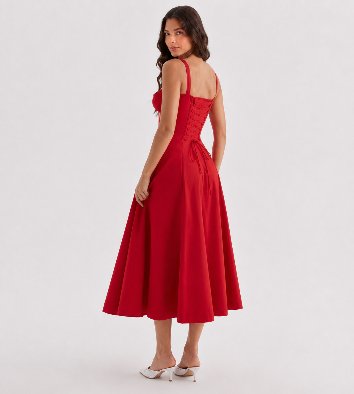 Ruched Corset Slit Midi Dress - Red