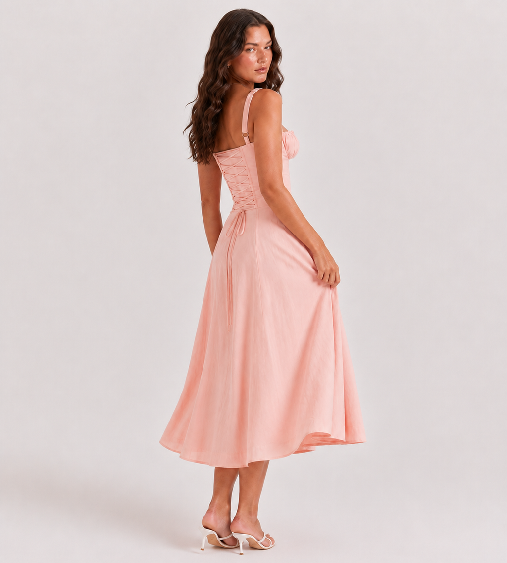 Ruched Corset Slit Midi Dress - Pink