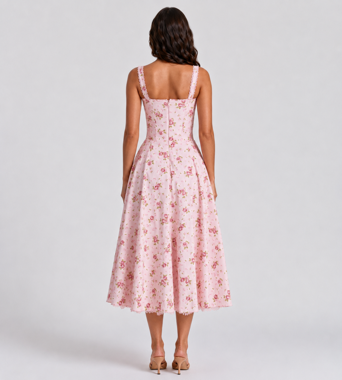 Vintage Pink Floral Corset Midi Dress