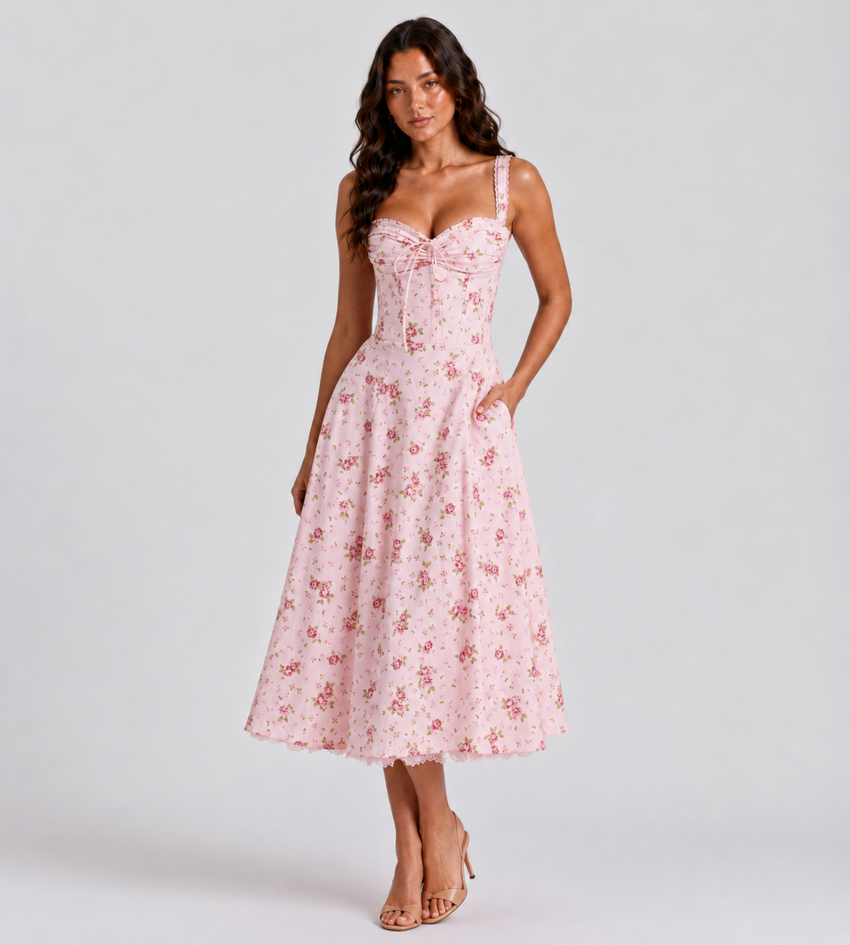 Vintage Pink Floral Corset Midi Dress