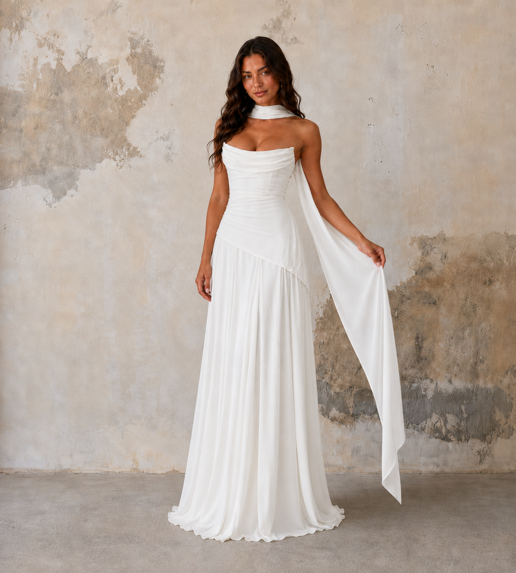 Strapless Scarf Drape Corset Maxi Dress - White
