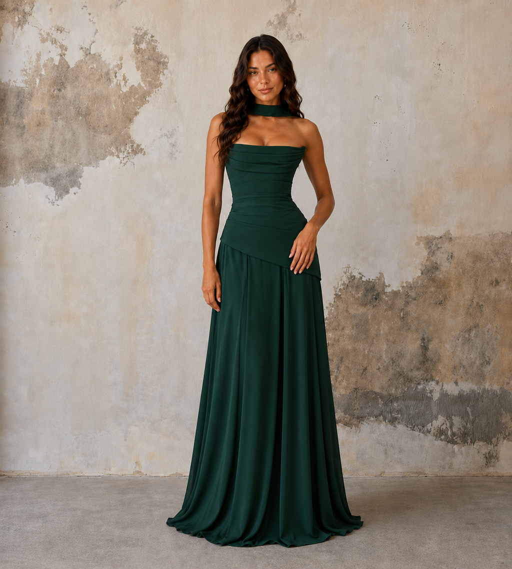 Strapless Scarf Drape Corset Maxi Dress - Forest Green