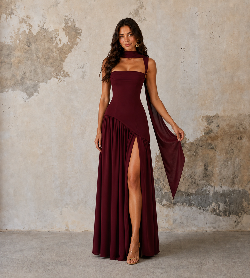 Draped Slit Maxi Dress - Wine Red
