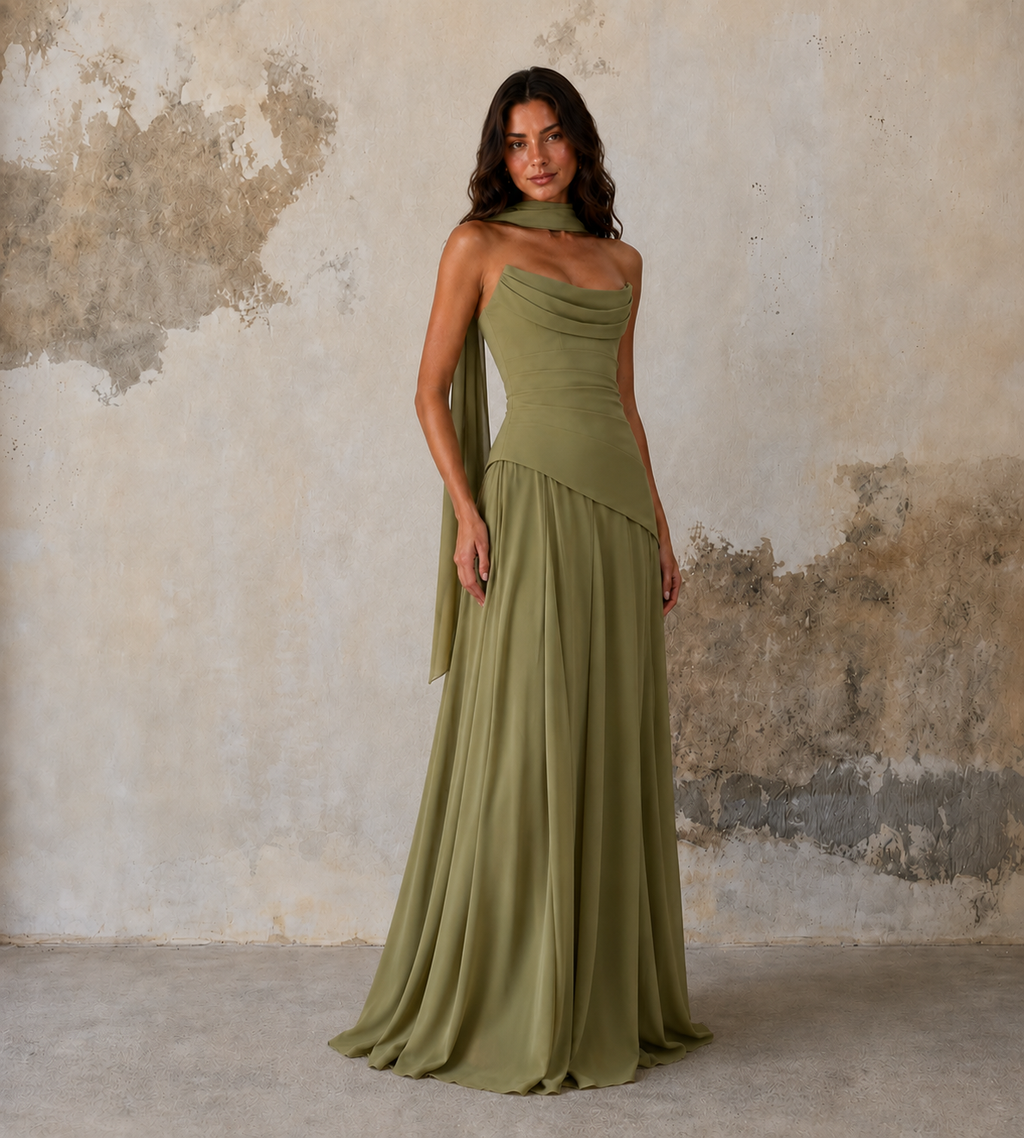 Strapless Scarf Drape Corset Maxi Dress - Sage Green