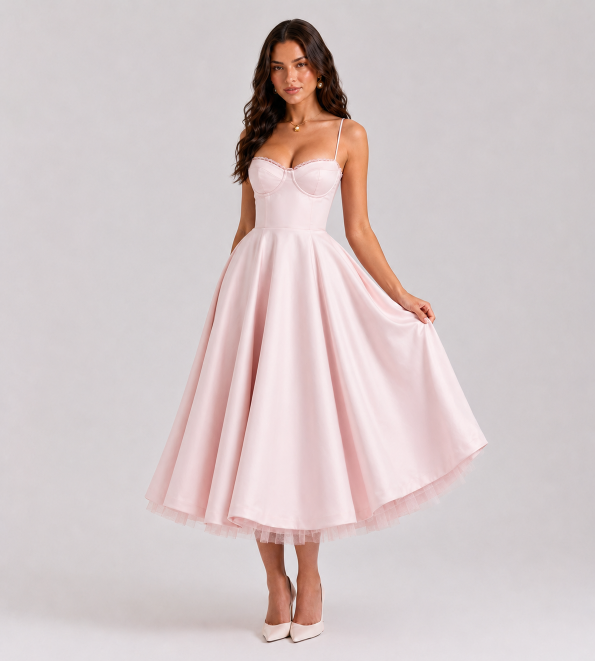 Corset Tulle Midi Dress with Pockets - Pink