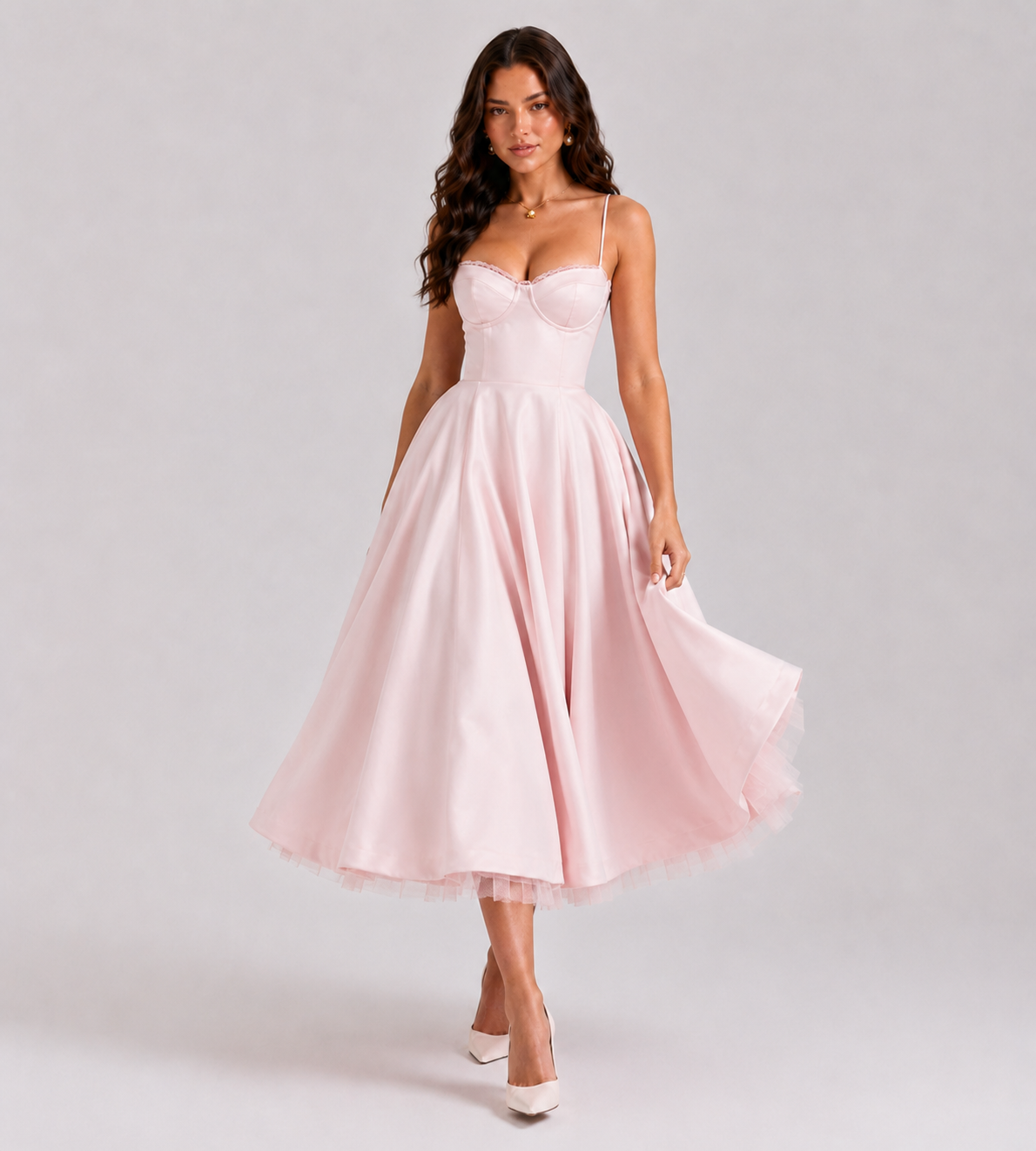 Corset Tulle Midi Dress with Pockets - Pink