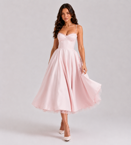 Corset Tulle Midi Dress with Pockets - Pink