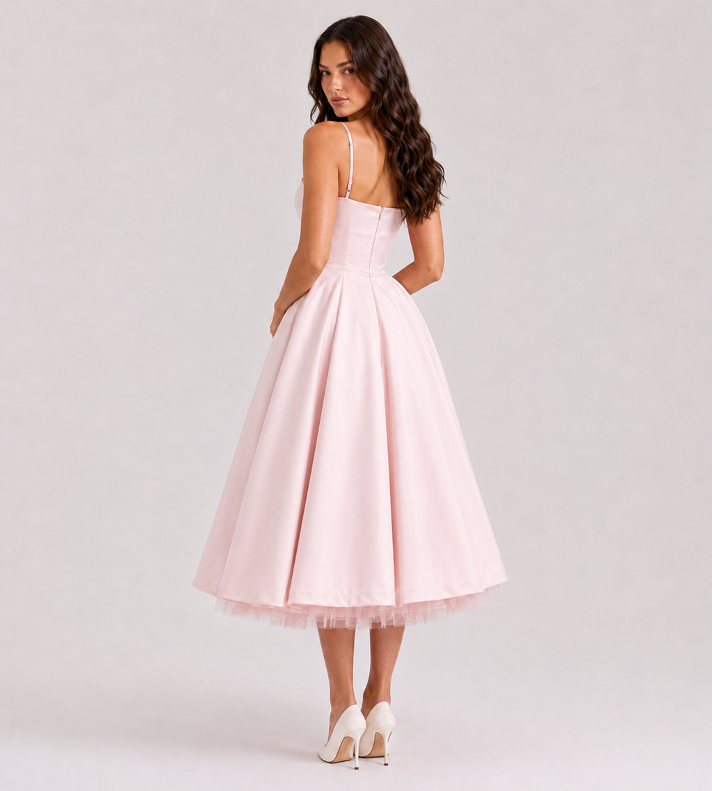 Corset Tulle Midi Dress with Pockets - Pink