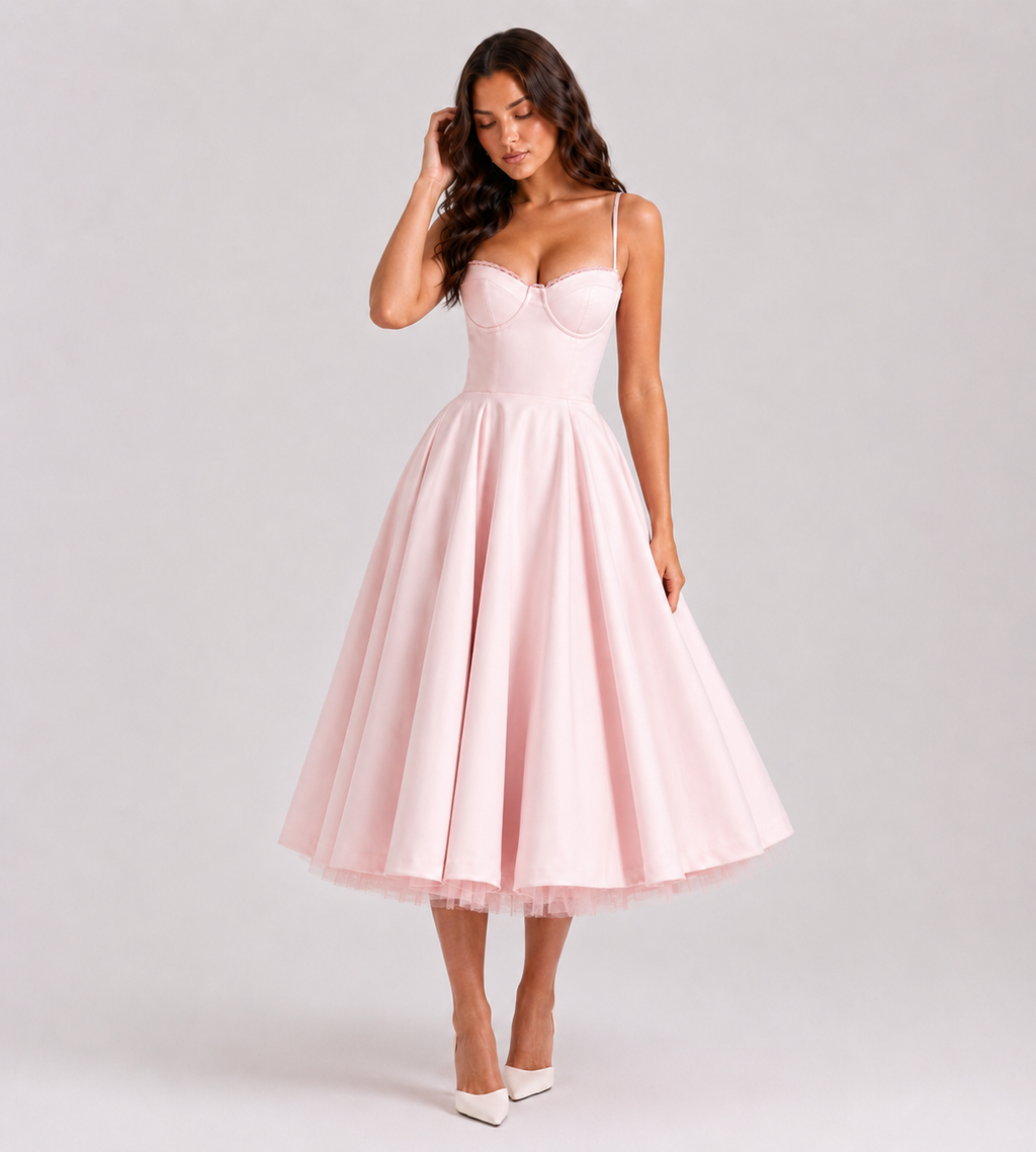 Corset Tulle Midi Dress with Pockets - Pink
