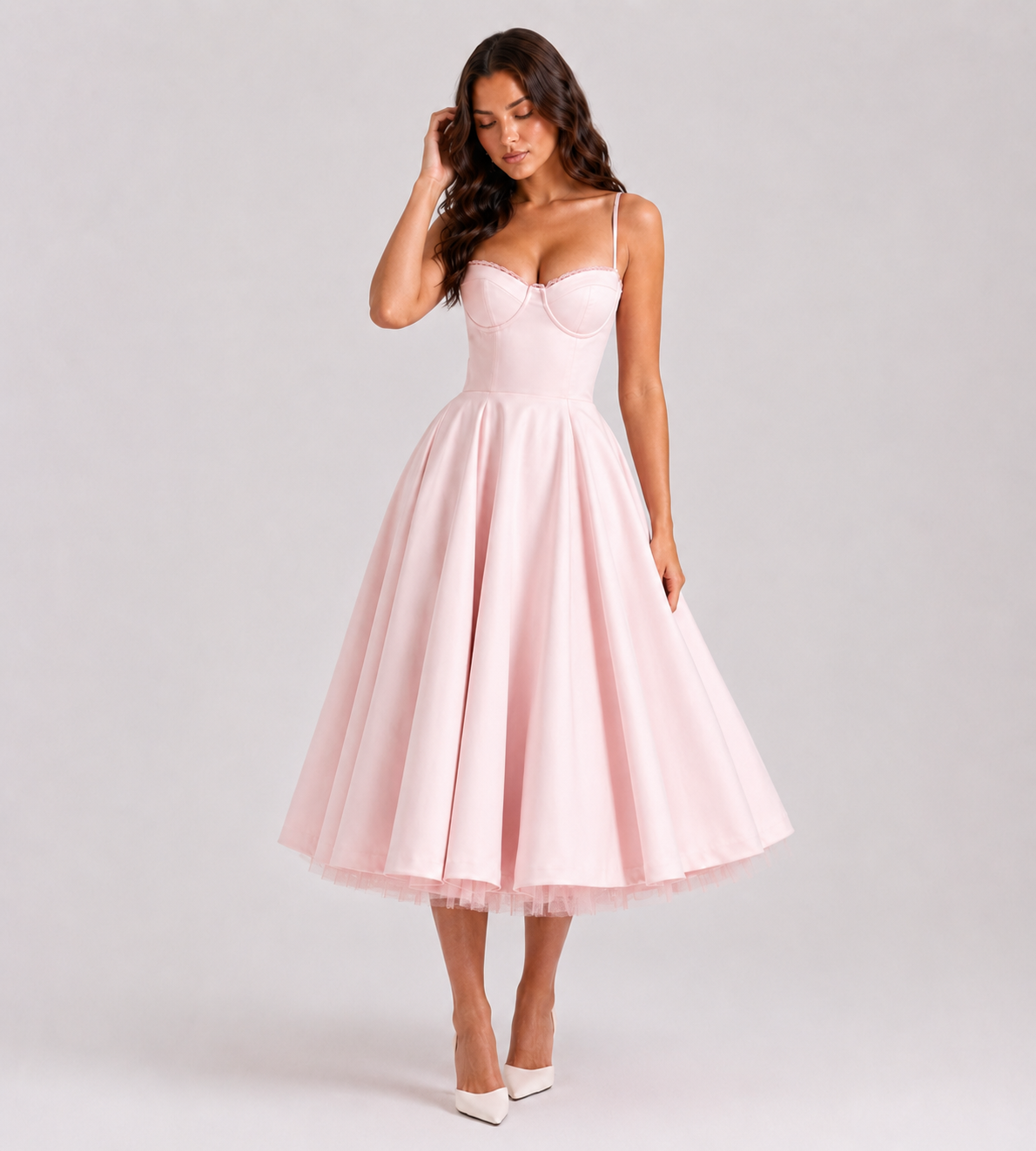 Corset Tulle Midi Dress with Pockets - Pink