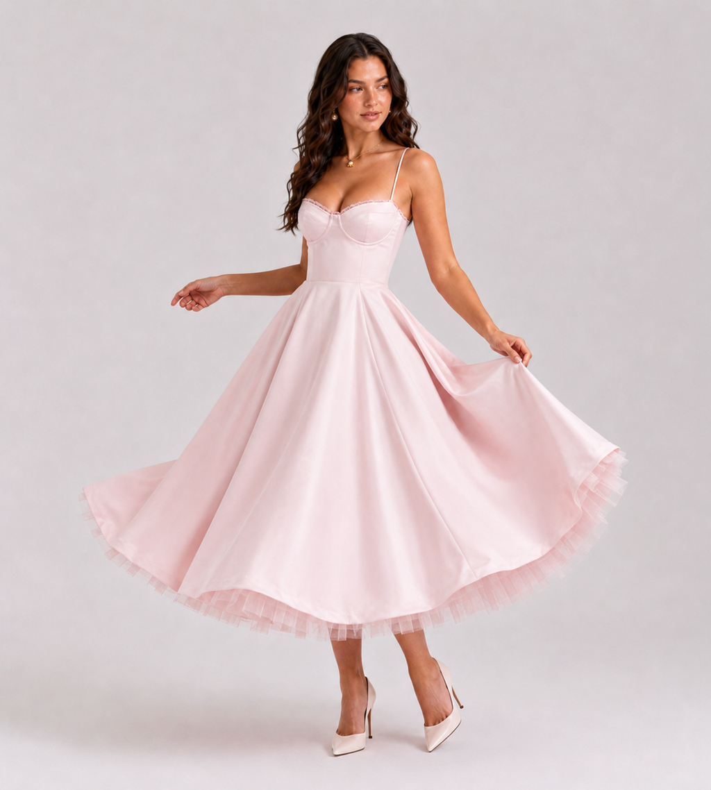 Corset Tulle Midi Dress with Pockets - Pink