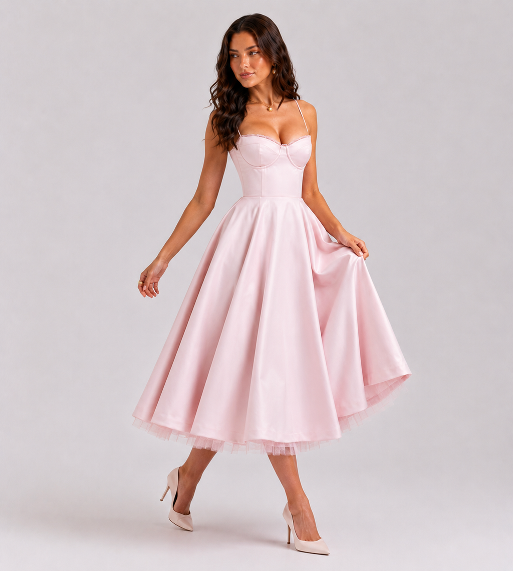 Corset Tulle Midi Dress with Pockets - Pink