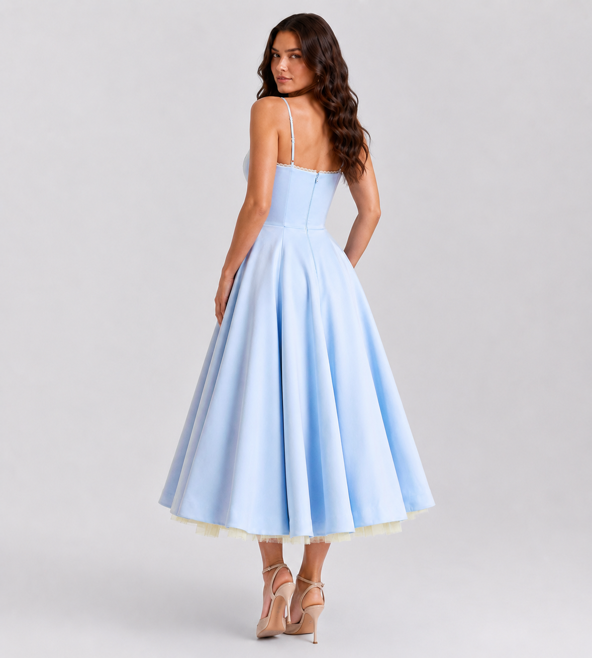 Corset Tulle Midi Dress with Pockets - Blue