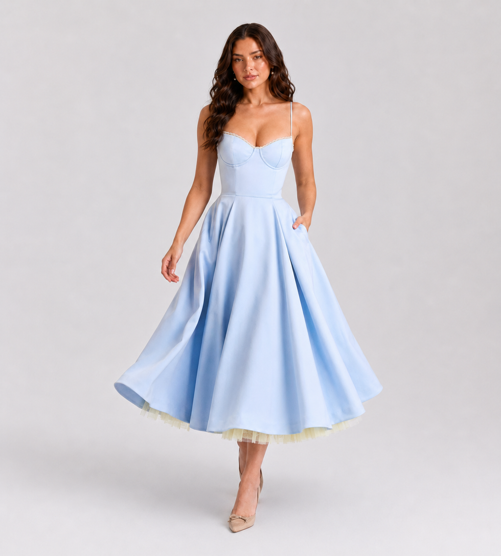 Corset Tulle Midi Dress with Pockets - Blue