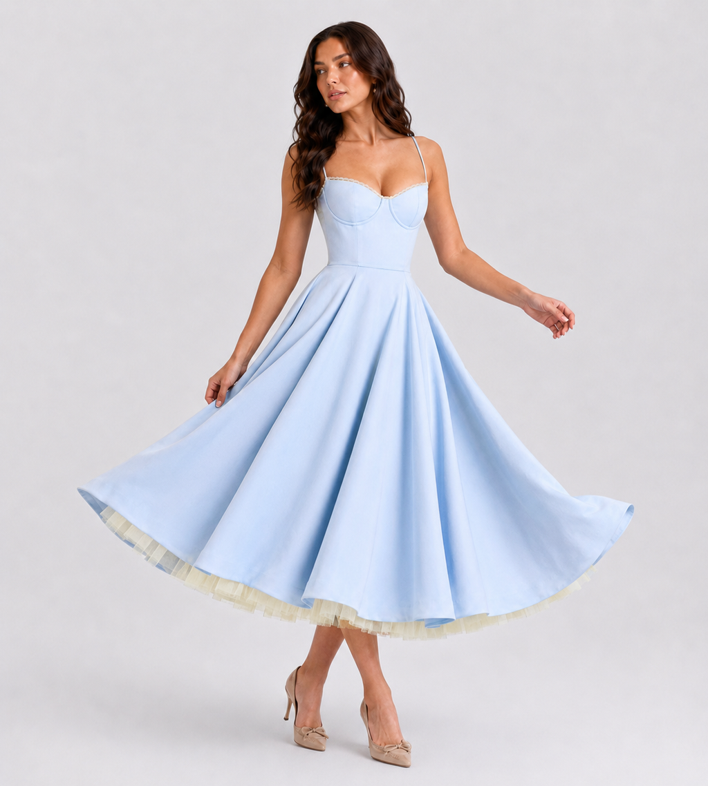 Corset Tulle Midi Dress with Pockets - Blue