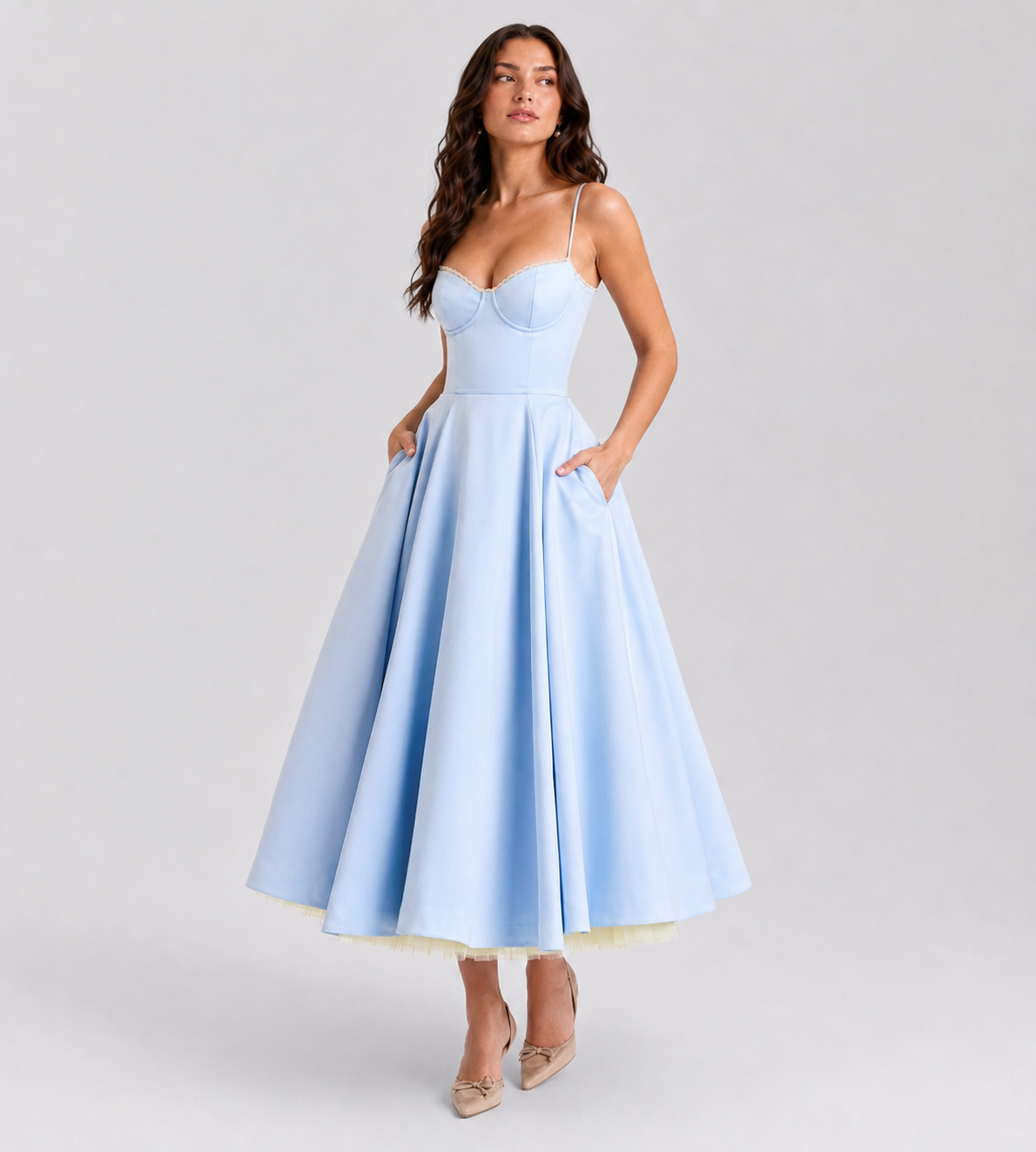 Corset Tulle Midi Dress with Pockets - Blue