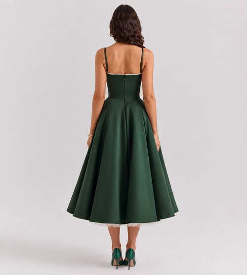 Corset Tulle Midi Dress with Pockets - Green