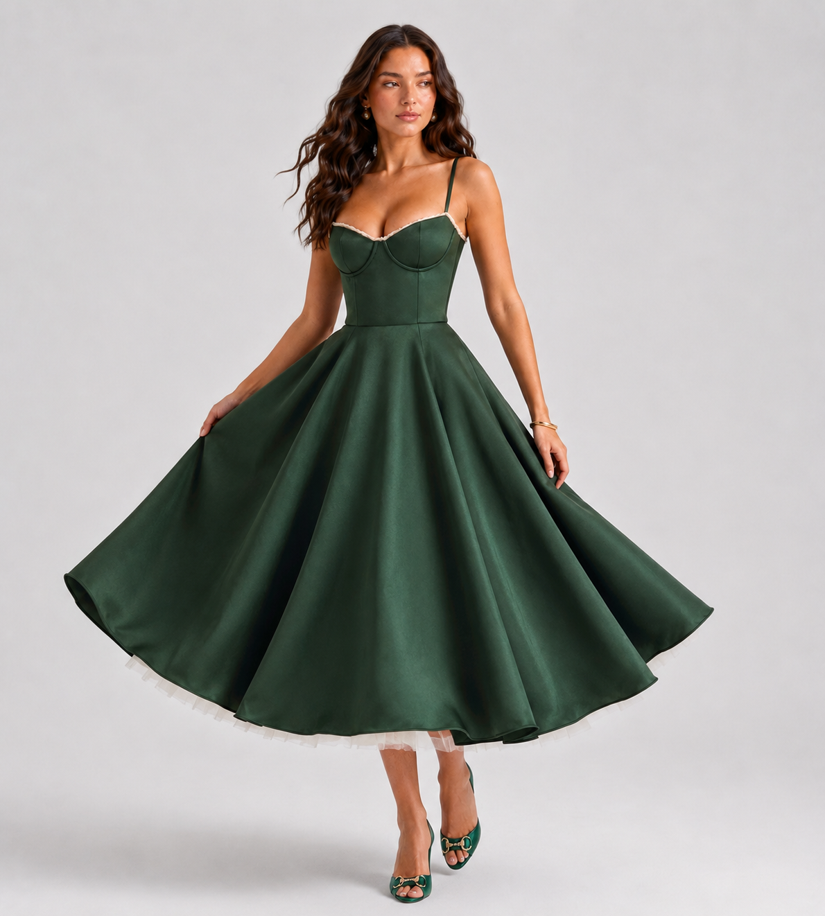 Corset Tulle Midi Dress with Pockets - Green