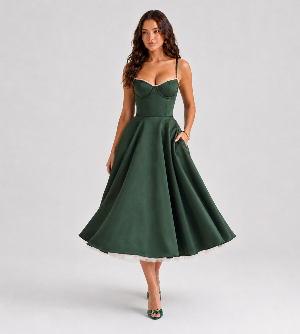 Corset Tulle Midi Dress with Pockets - Green