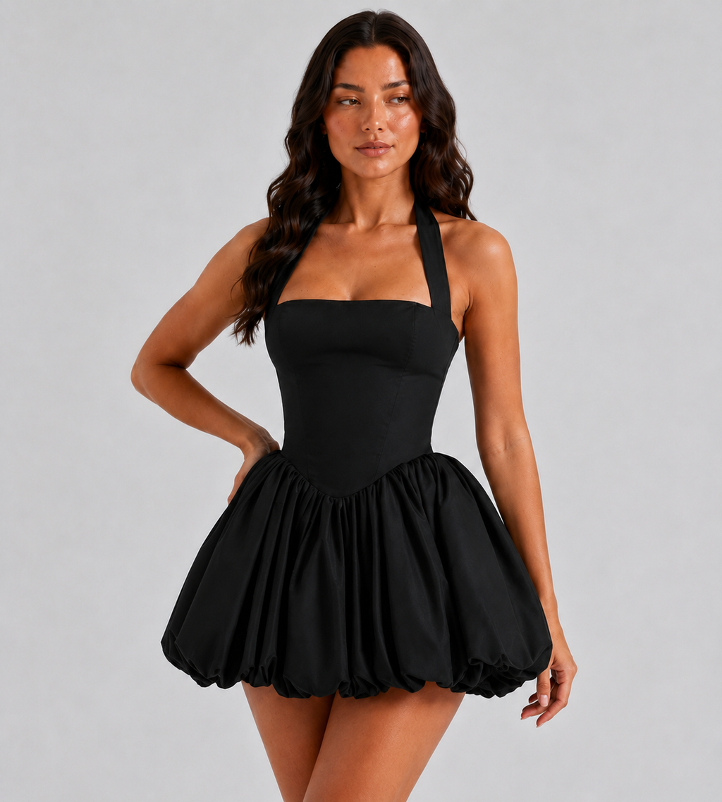 Halter Corset Bubble Mini Dress - Black