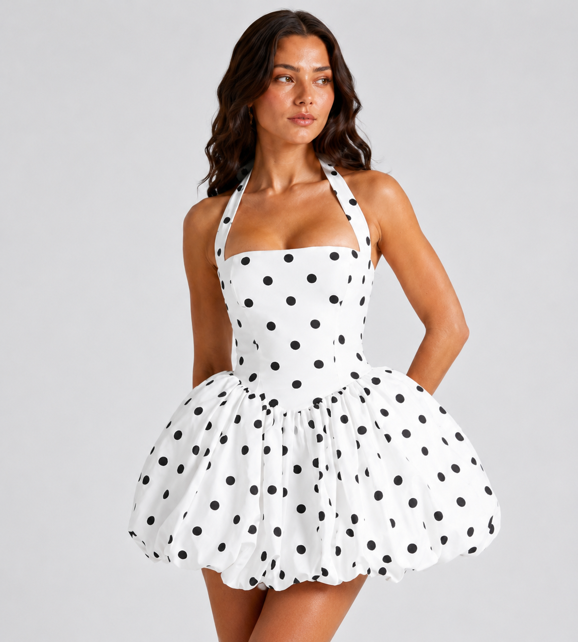 White Polka Dot Halter Bubble Mini Dress