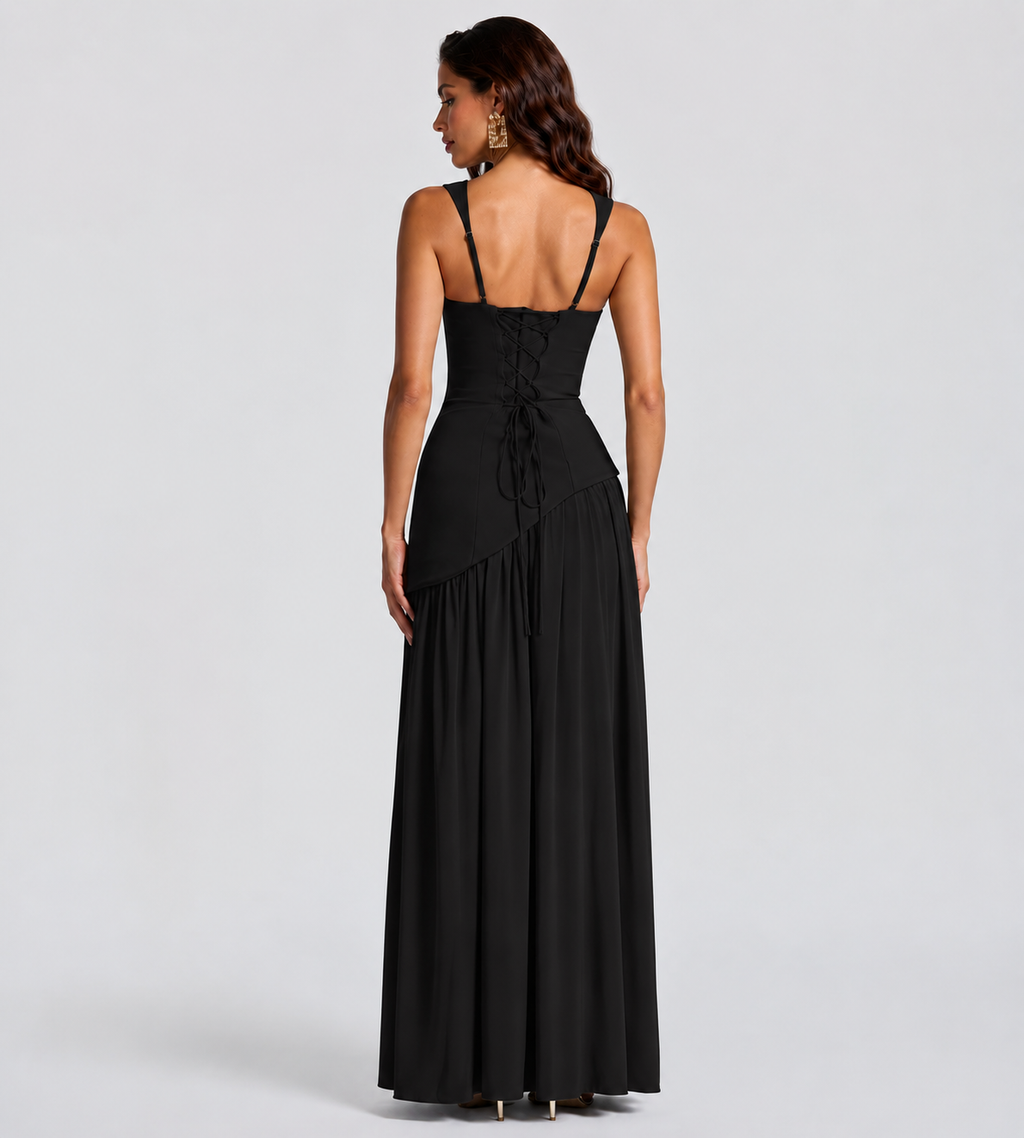 Draped Slit Maxi Dress - Black