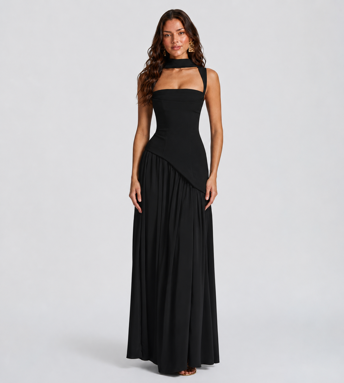 Draped Slit Maxi Dress - Black