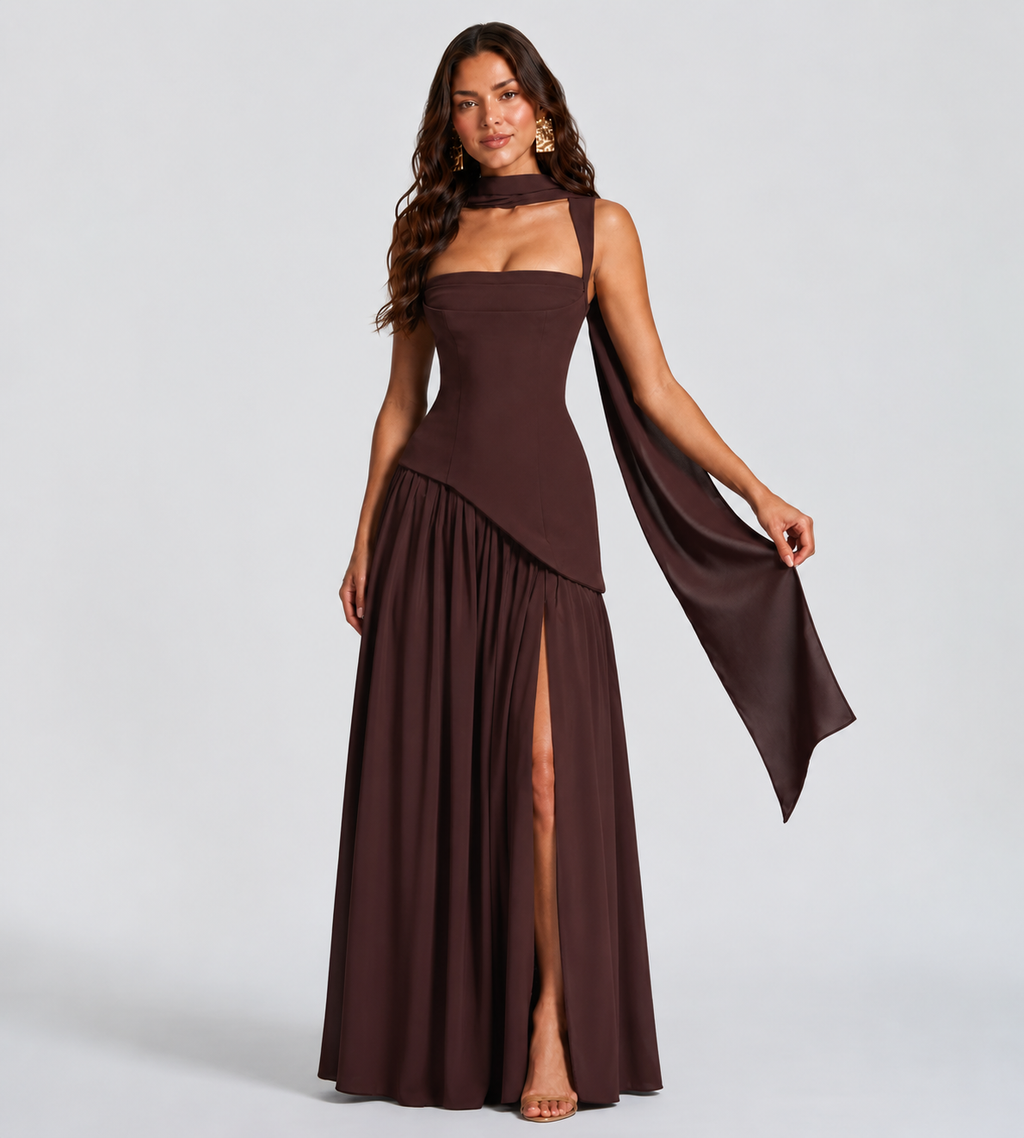 Draped Slit Maxi Dress - Mocha Brown