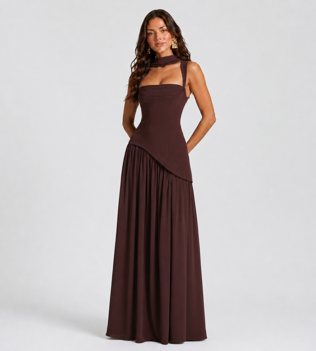 Draped Slit Maxi Dress - Mocha Brown