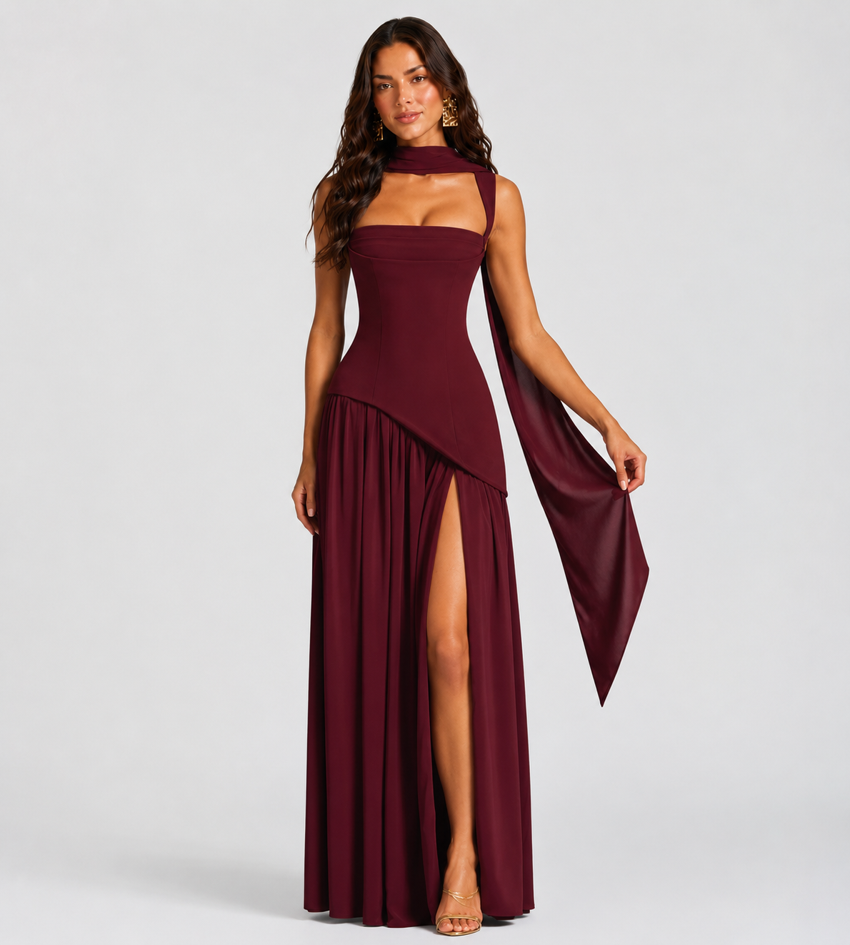 Draped Slit Maxi Dress - Wine Red