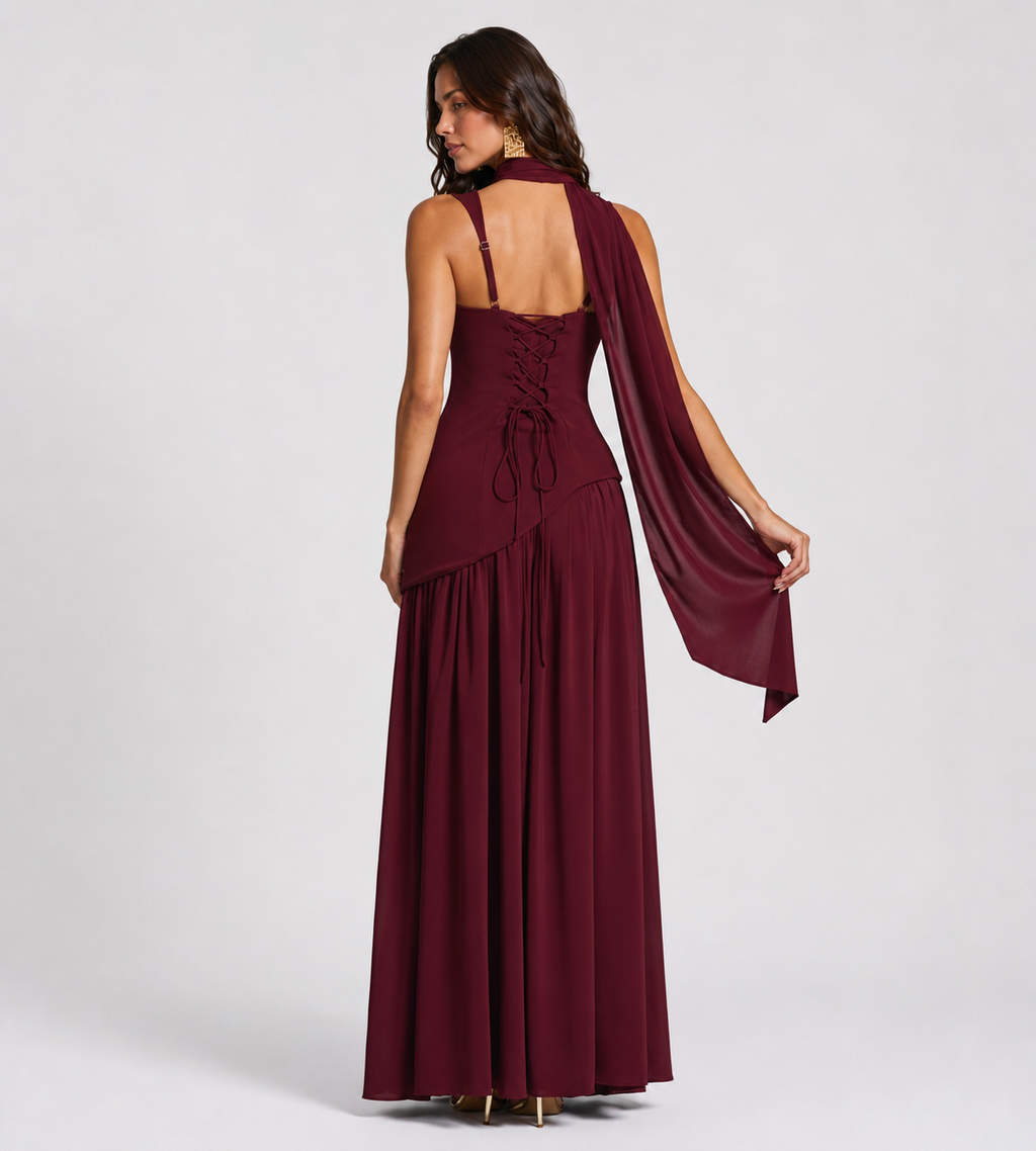 Draped Slit Maxi Dress - Wine Red
