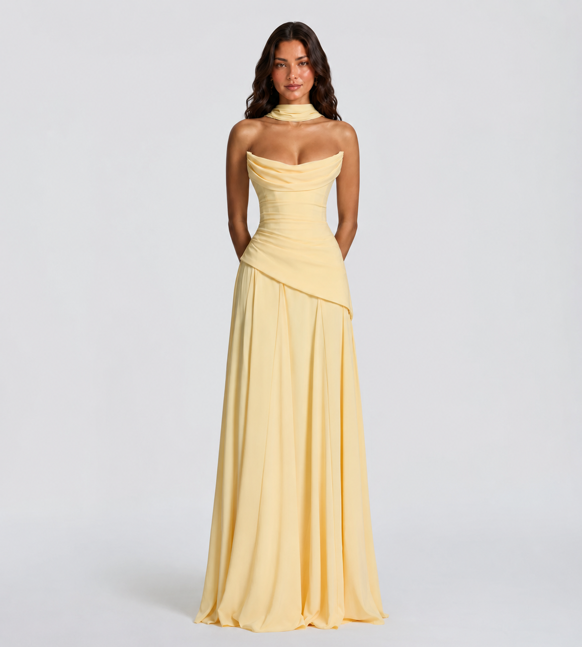 Strapless Scarf Drape Corset Maxi Dress - Lemon
