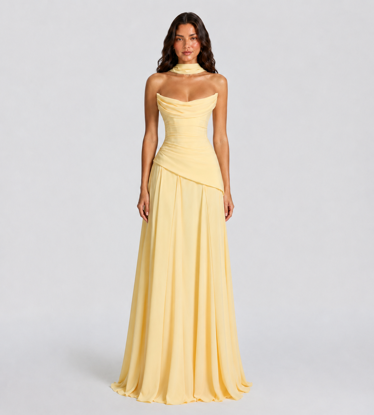 Strapless Scarf Drape Corset Maxi Dress - Lemon