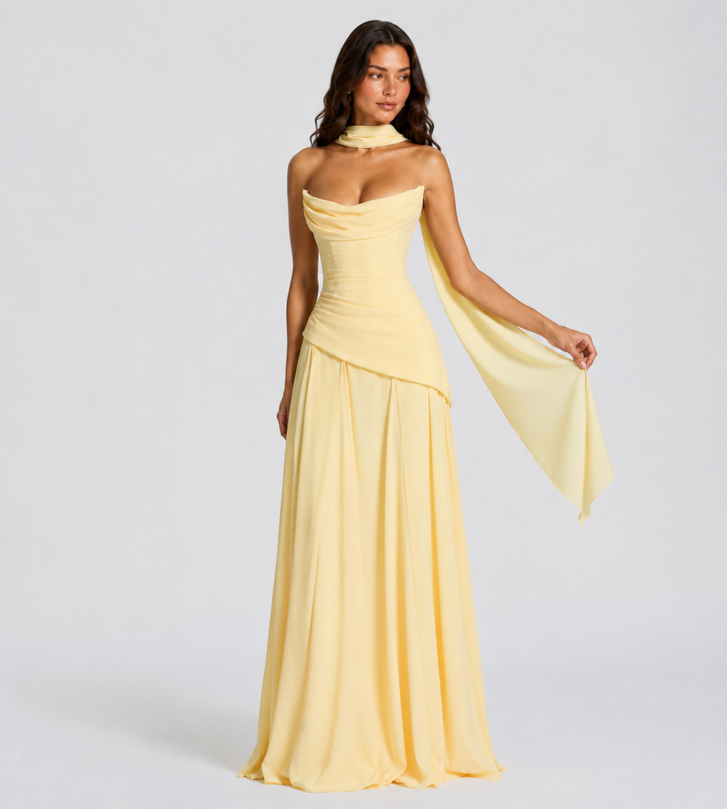 Strapless Scarf Drape Corset Maxi Dress - Lemon