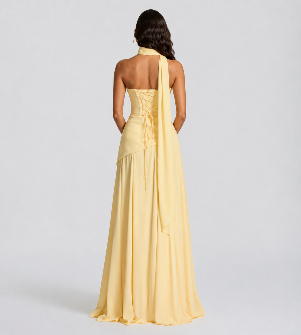 Strapless Scarf Drape Corset Maxi Dress - Lemon