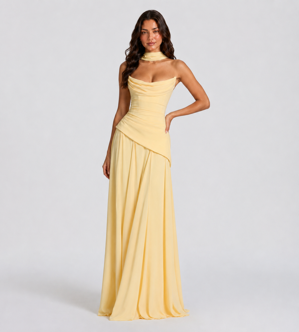 Strapless Scarf Drape Corset Maxi Dress - Lemon