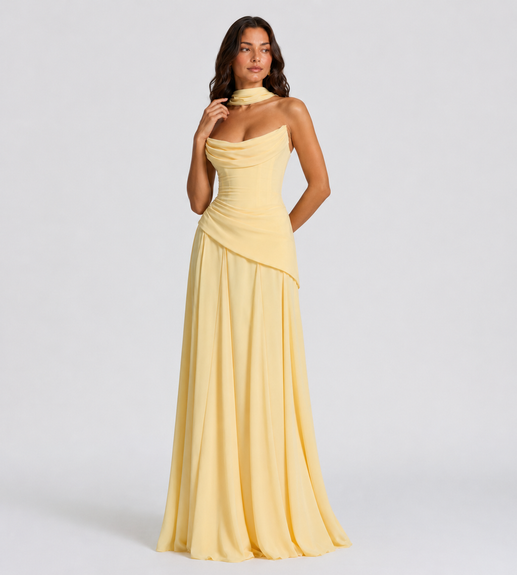 Strapless Scarf Drape Corset Maxi Dress - Lemon